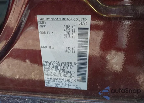 2024 Nissan Altima Sv Fwd из США, поврежденный, VIN 1N4BL4DVXRN410016